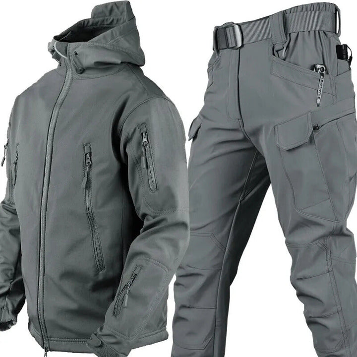 Men's essential waterproof outdoor jacket & tactical pants for fishing, camping, and trekking.
