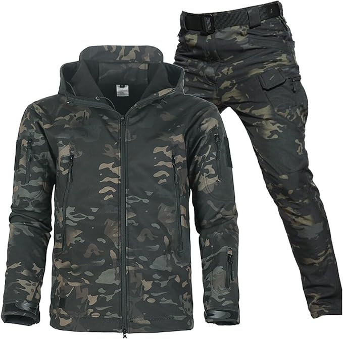 Men's weather-resistant outdoor jacket & tactical pants. Ideal activewear for adventure.