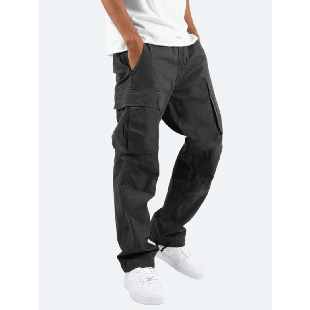 Men's wide leg cargo pants, relaxed fit, multi-pocket design. Ideal for casual comfort & streetwear.