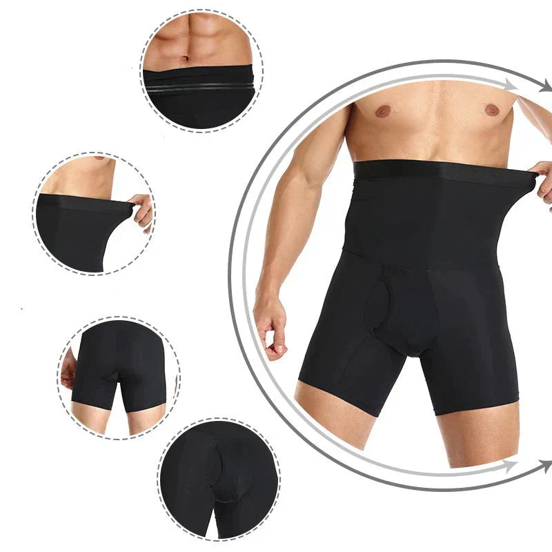 Men's shaping underwear shorts with high waist tummy control. Smooth, seamless design for comfort.