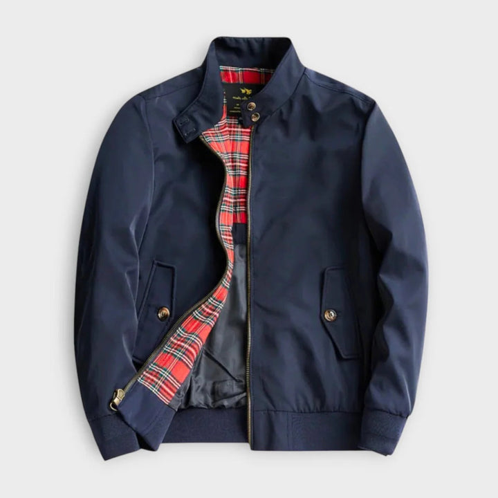Men's lightweight transitional jacket with zipper, navy color, featuring pockets and durable fabric for versatile spring wear