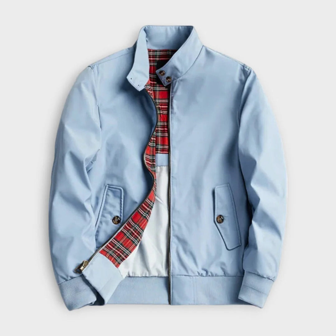 Men's lightweight transitional jacket with zipper, navy color, featuring pockets and durable fabric for versatile spring wear