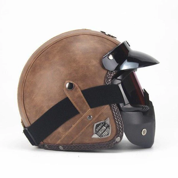 "Men's retro vintage motorcycle helmet with goggle mask, open-face design, classic style, superior protection, stylish ride."