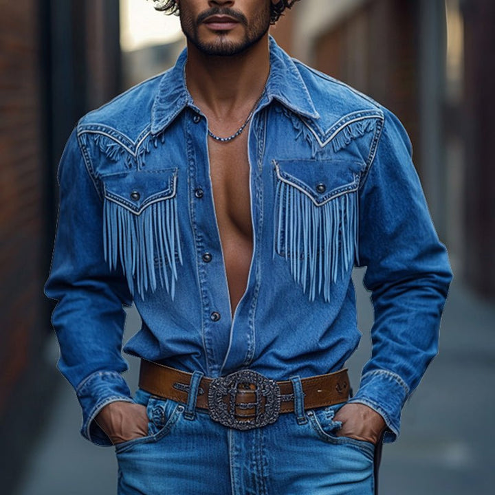 Men's Retro Western Denim Shirt with Tassel Details - Lexians