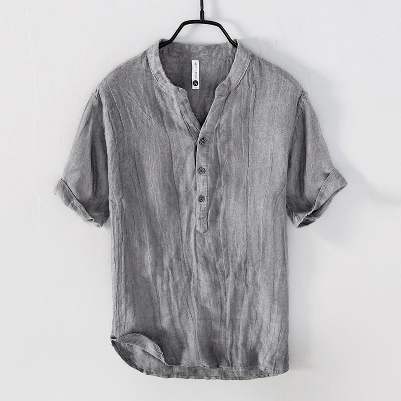 Men's Short Sleeve Cotton Linen Half Button Shirt - Lexians