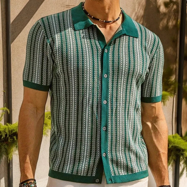 Men's Slim Fit Button Down Polo with Herringbone Pattern - Lexians