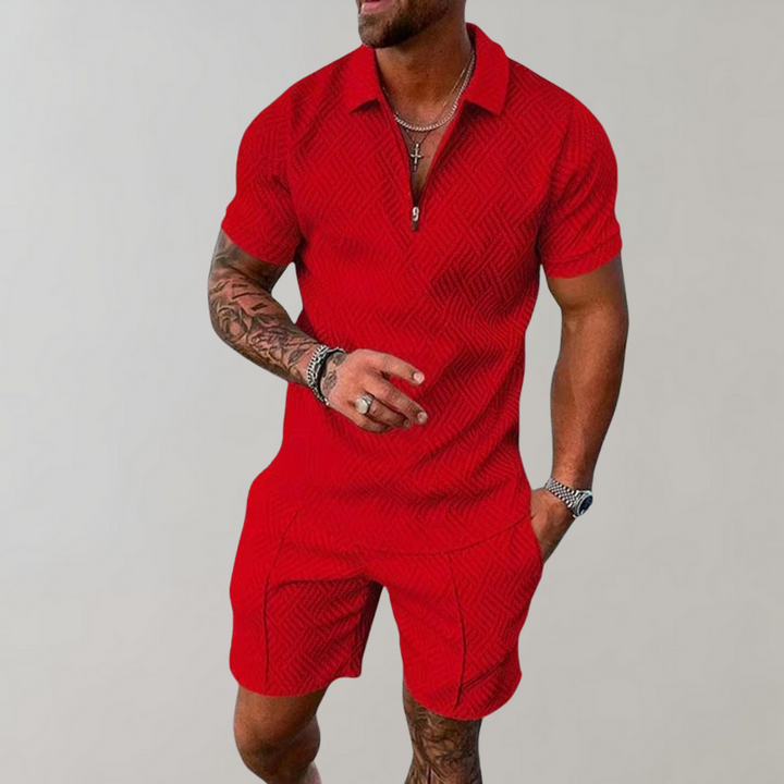 "Men's Summer Zip Polo Shorts Set, relaxed fit, short sleeves, zip-up collar, above-knee shorts, textured design."