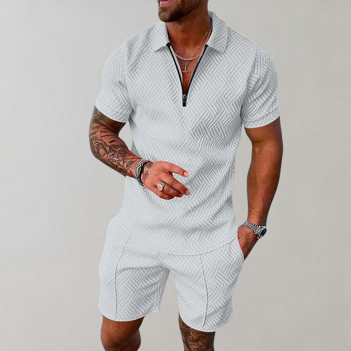 "Men's Summer Zip Polo Shorts Set, relaxed fit, short sleeves, zip-up collar, above-knee shorts, textured design."