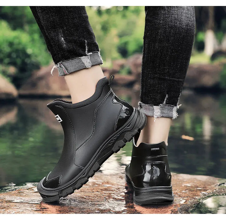 "Men's waterproof terrain boots with insulated sole, rugged design, brown leather, non-slip sole, for all-weather comfort."