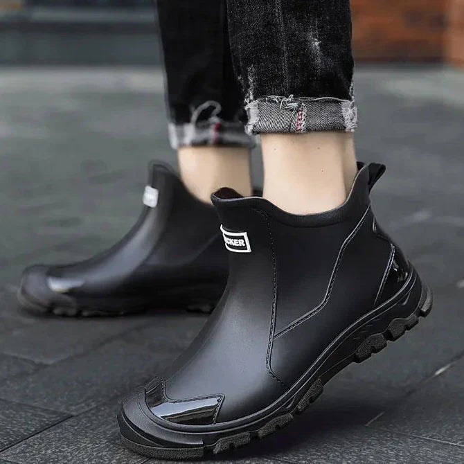 "Men's waterproof terrain boots with insulated sole, rugged design, brown leather, non-slip sole, for all-weather comfort."