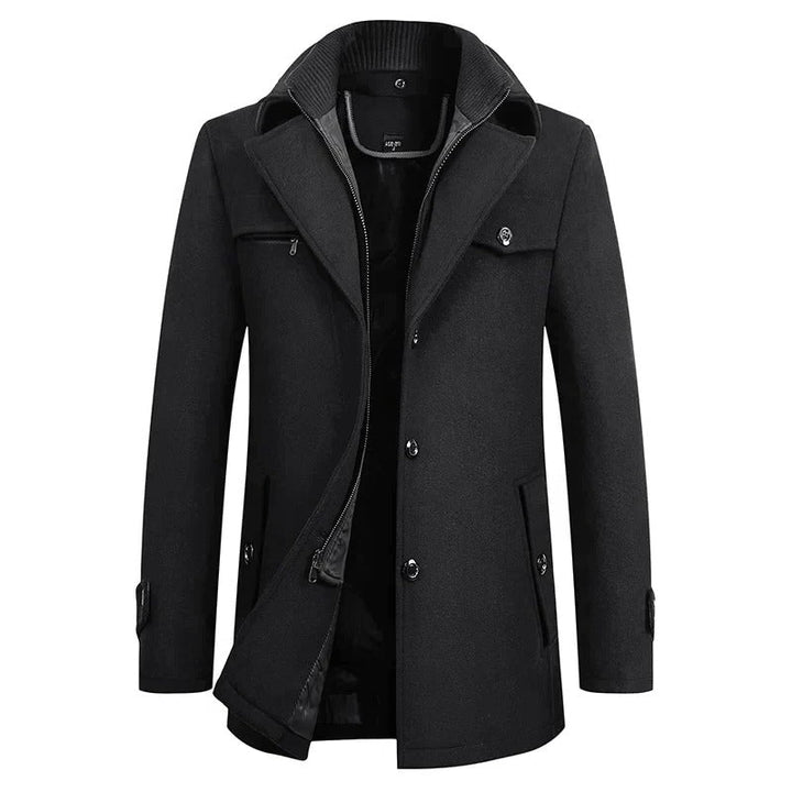 "Men's waterproof winter coat, versatile style, sleek design, modern professional wear, with multiple pockets and adjustable 
