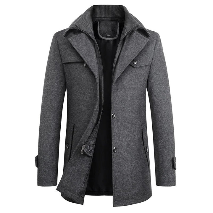 "Men's waterproof winter coat, versatile style, sleek design, modern professional wear, with multiple pockets and adjustable 