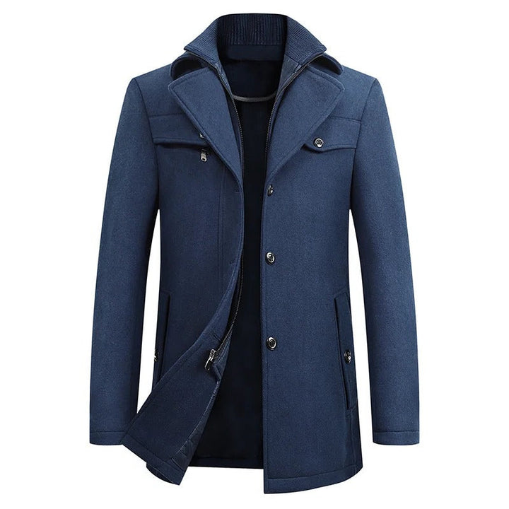 "Men's waterproof winter coat, versatile style, sleek design, modern professional wear, with multiple pockets and adjustable 
