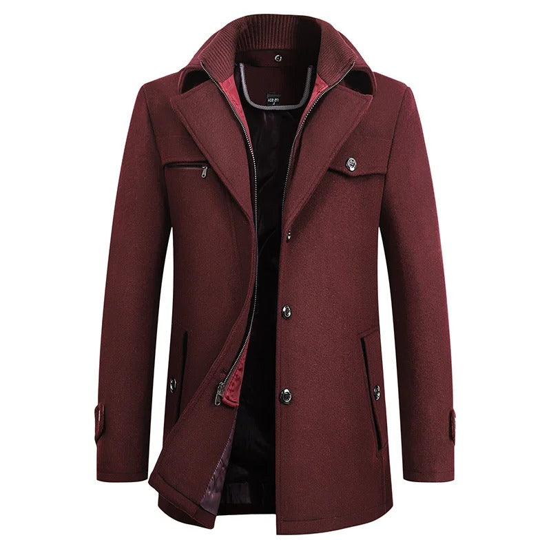 "Men's waterproof winter coat, versatile style, sleek design, modern professional wear, with multiple pockets and adjustable 