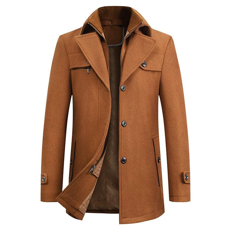 "Men's waterproof winter coat, versatile style, sleek design, modern professional wear, with multiple pockets and adjustable 