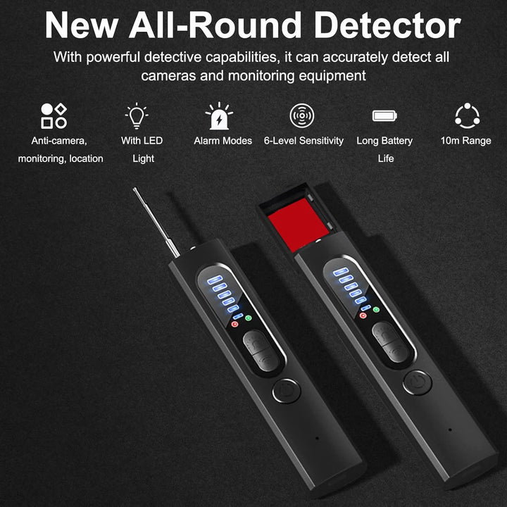 Military-grade hidden camera detector, RF & GPS detection, black, compact 4-in-1 device with flashlight function.
