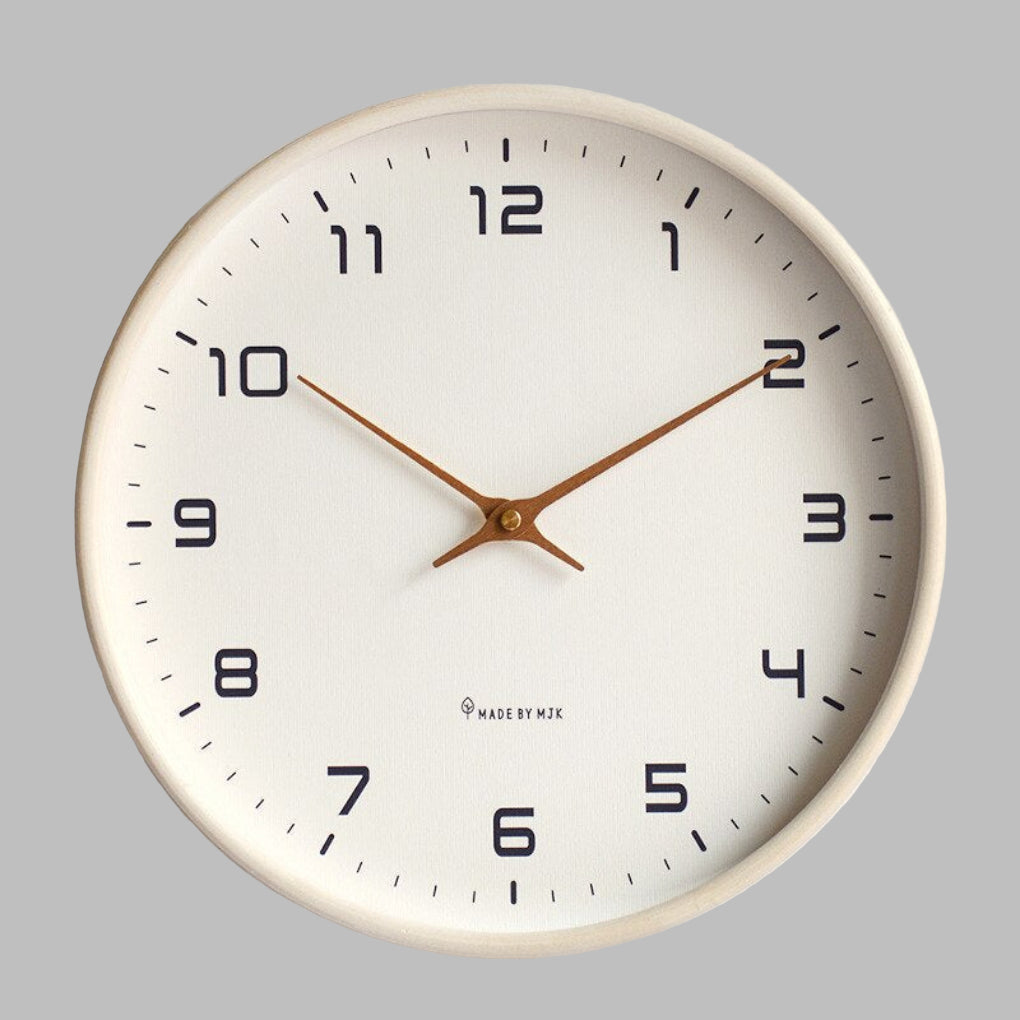 Stylish brown/cream Scandinavian wooden wall clock. Silent, minimalist design, perfect modern home decor for bedroom.