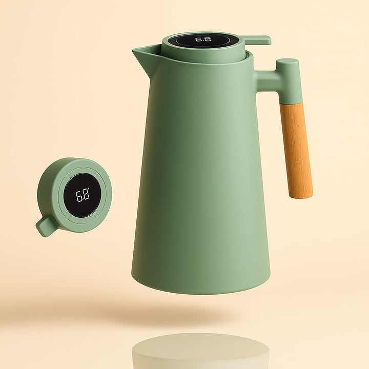 Modern design thermal carafe, perfect for home dining or office, with temperature display & wood handle.