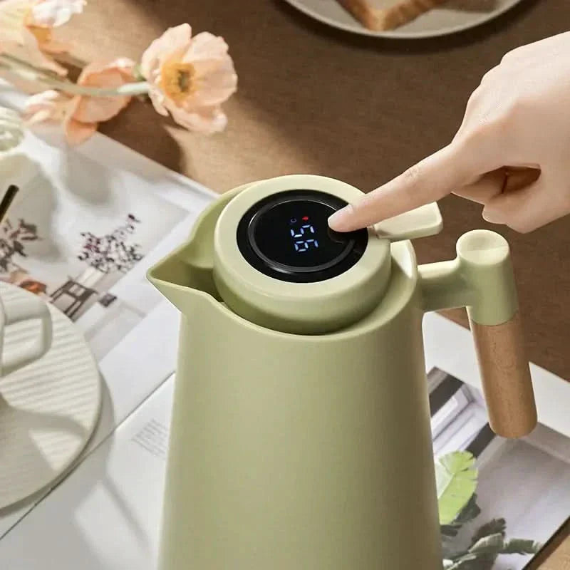 Insulated vacuum flask with wooden handle and digital temp display, ideal for tea & coffee.
