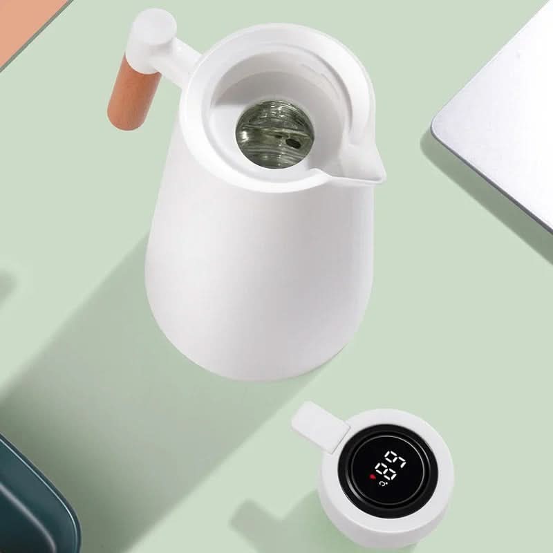 Coffee dispenser & tea pot: 1L insulated jug with temperature display and elegant wood handle.