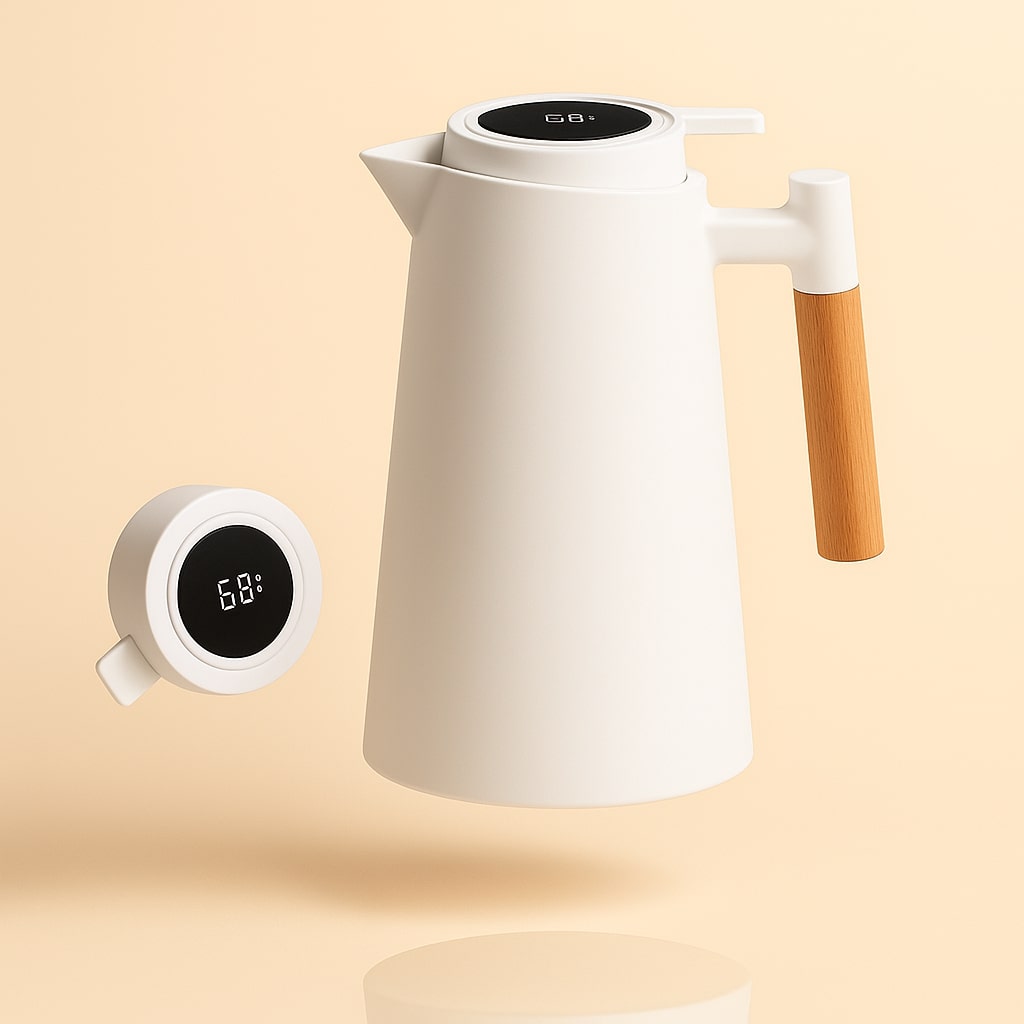 Stylish insulated jug, a modern beverage holder for home and office, showing temperature clearly.
