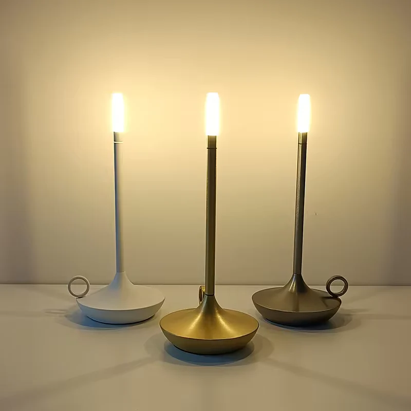 "Modern cylindrical rechargeable touch table lamp with adjustable brightness, ideal for ambient lighting in any space."
