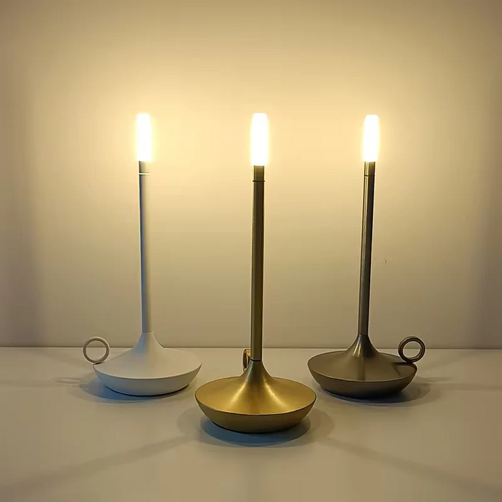 "Modern cylindrical rechargeable touch table lamp with adjustable brightness, ideal for ambient lighting in any space."