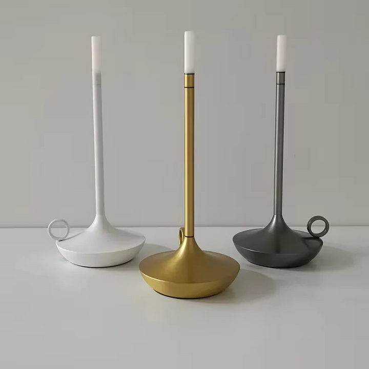 "Modern cylindrical rechargeable touch table lamp with adjustable brightness, ideal for ambient lighting in any space."