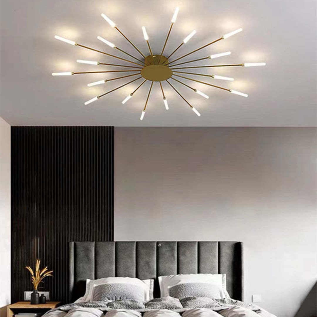 Dimmable gold LED ceiling fixture, ideal for contemporary living rooms.