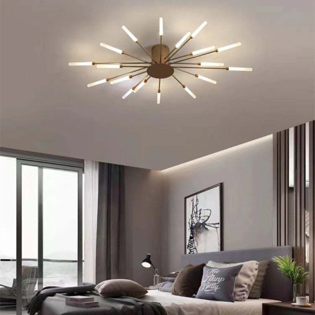 Large gold LED ceiling lamp, a modern statement for bedrooms.