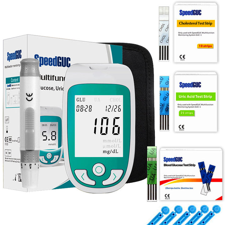 Multi-function health monitor for glucose, cholesterol, & uric acid. Ideal home blood test kit for wellness.