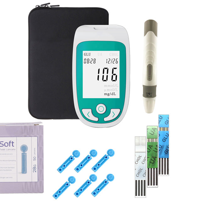 Precise glucose tester, cholesterol meter, & uric acid monitor in one device for comprehensive at-home health.