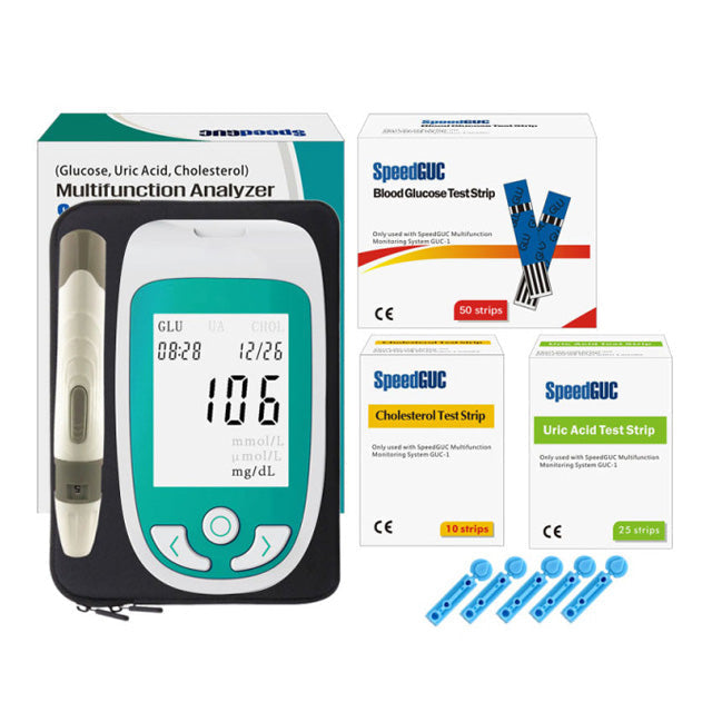 Diabetes management kit: Glucose, cholesterol, & uric acid monitor for effective home health tracking.