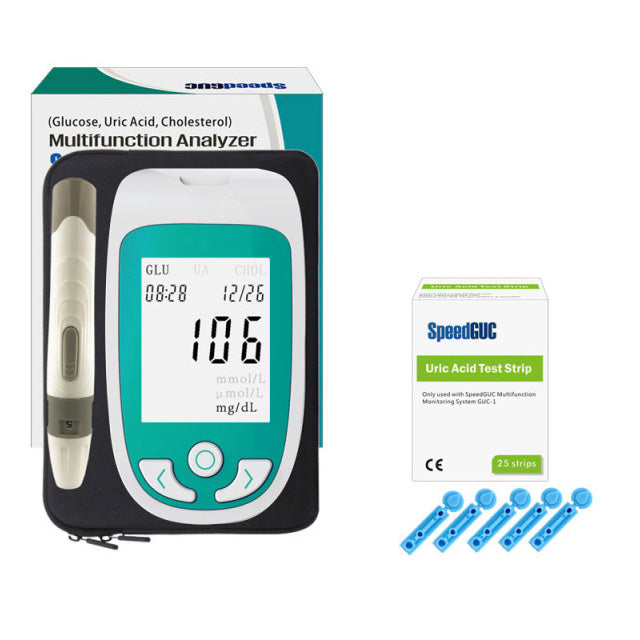 Complete blood test kit: Multi-function monitor for glucose, cholesterol, & uric acid. Fast at-home results.