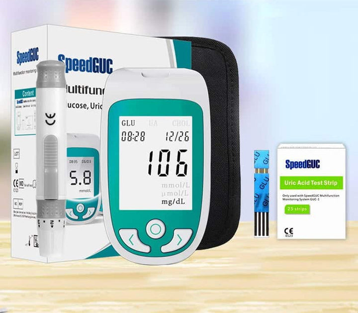 Advanced health monitor: Glucose, cholesterol, uric acid. Essential home blood test kit for diabetes management.
