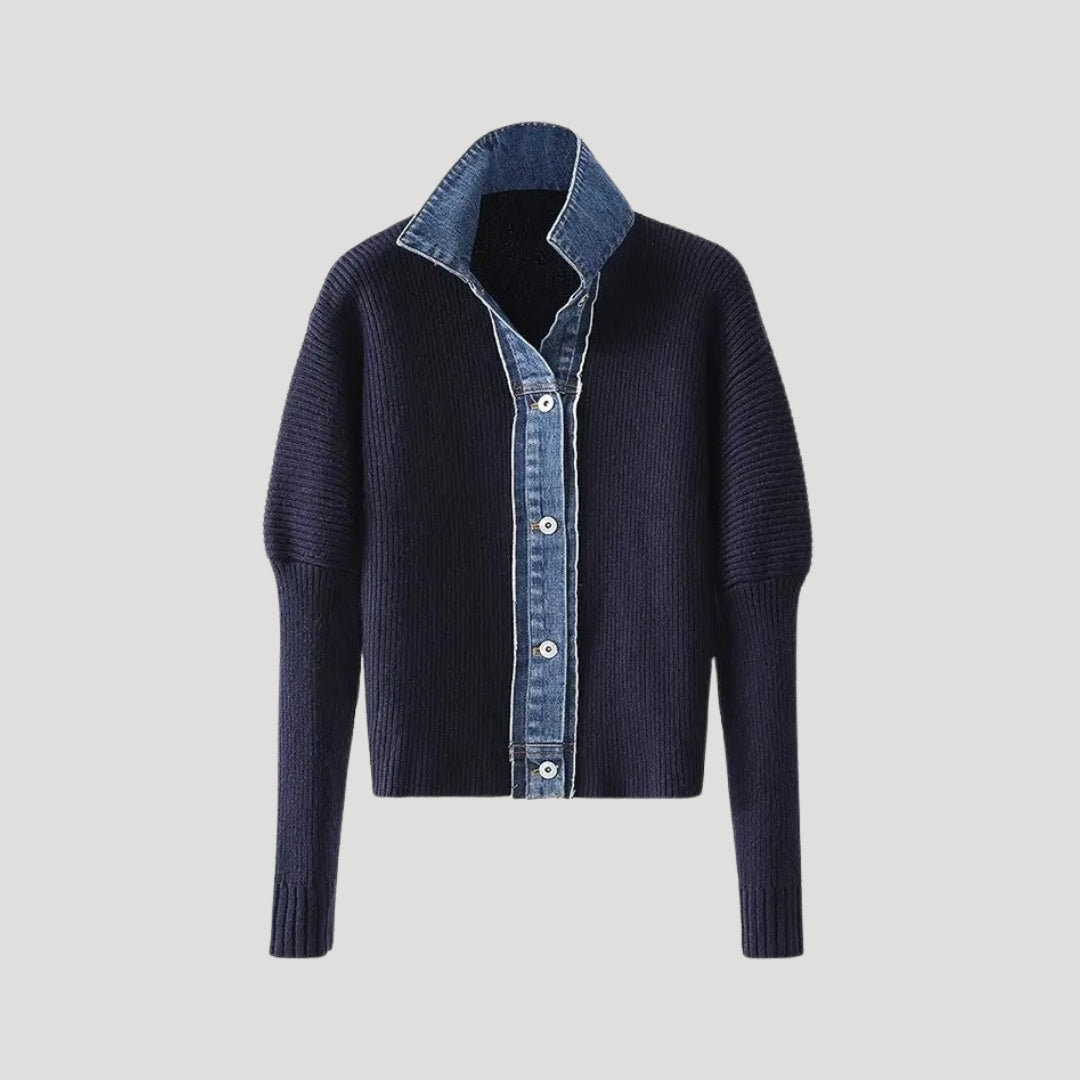 Navy women's layered button cardigan jacket, perfect spring outerwear for a casual chic look.
