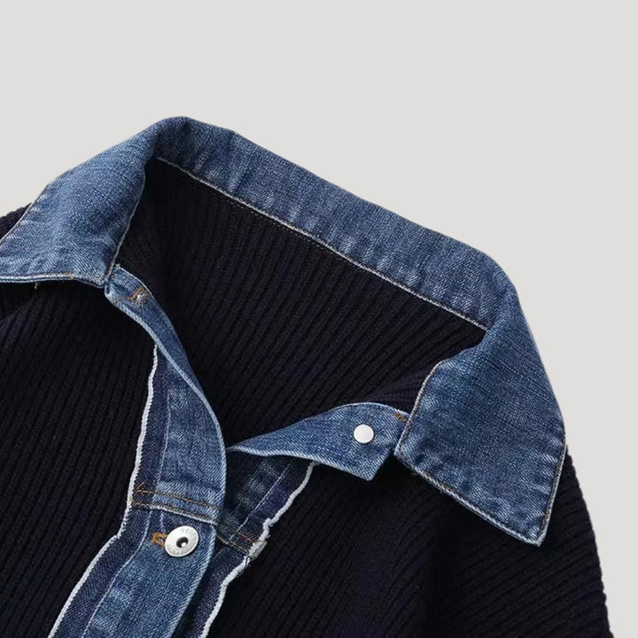 Model wearing a women's navy layered button cardigan jacket, ideal for spring fashion.