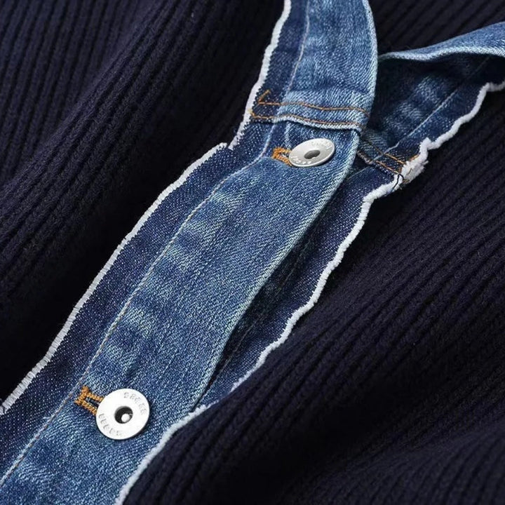 Side profile of a women's navy layered button cardigan jacket, essential spring outerwear.