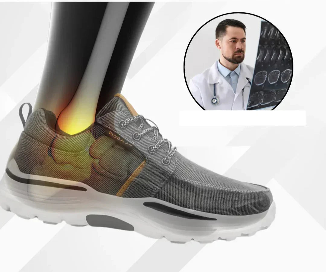 Men's orthopedic barefoot comfort shoes, black, providing pain relief & foot support for walking.