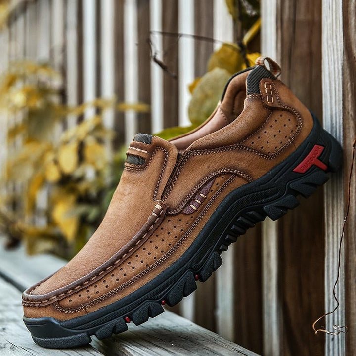 Grey men's orthopedic hiking shoes, designed for ultimate arch support & all-day walking comfort.