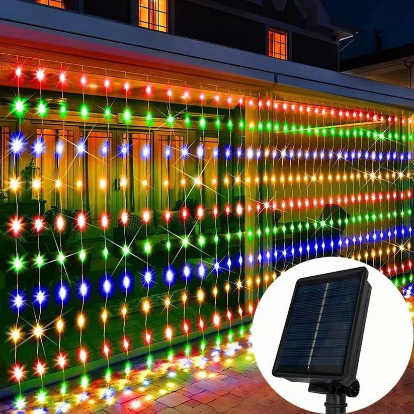 Versatile outdoor solar curtain lights, enhancing patio, garden, and event decor.
