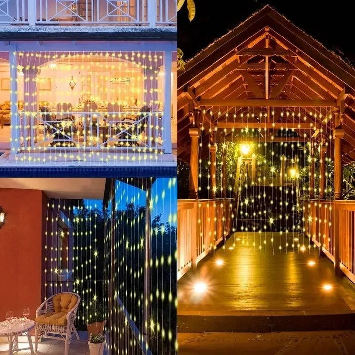 Energy-efficient solar curtain lights illuminating a festive outdoor patio space.