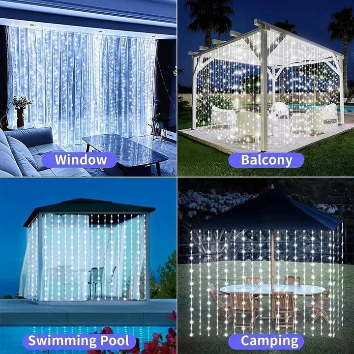 Eco-friendly solar LED curtain lights, transforming any patio into a cozy retreat.