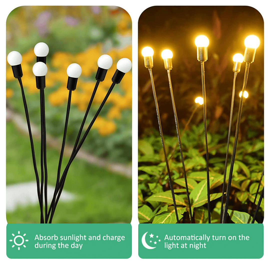 "Outdoor solar firefly garden lights with glowing LED bulbs on tall stakes, IP65 waterproof for enchanting yard decor."