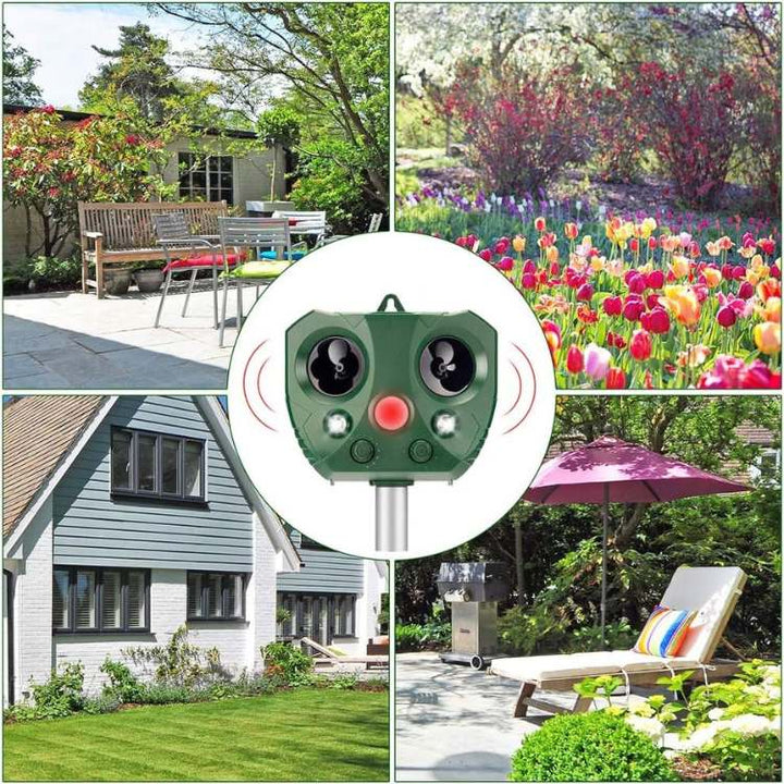 Solar-powered ultrasonic bird repeller with motion sensor for humane pest control in gardens & outdoor areas.