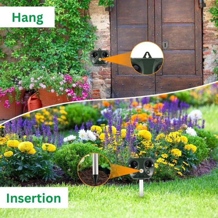 Humane ultrasonic bird scarer for outdoor use, solar-powered and weatherproof, protecting gardens from pests.