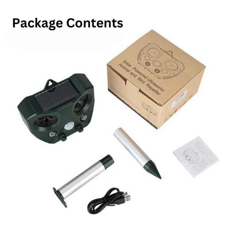 Weatherproof outdoor bird repeller with ultrasonic technology, solar-powered for effective garden pest control.