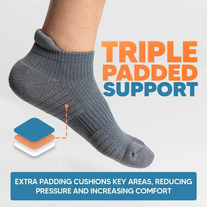 Compression sock's seamless toe detail, emphasizing comfort & blister prevention for active feet