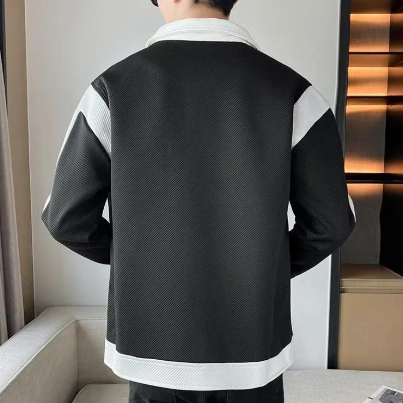 Casual men's patchwork jacket, stylish long-sleeve outerwear with unique design for everyday fashion & comfort.