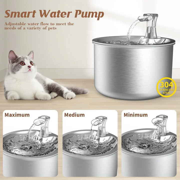 Smart stainless steel pet water fountain with motion sensor, providing fresh filtered water for cats & dogs.